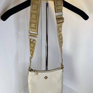 Unique Lux Pebble Ivory Leather Crossbody with Beige Adjustable Logo Strap
